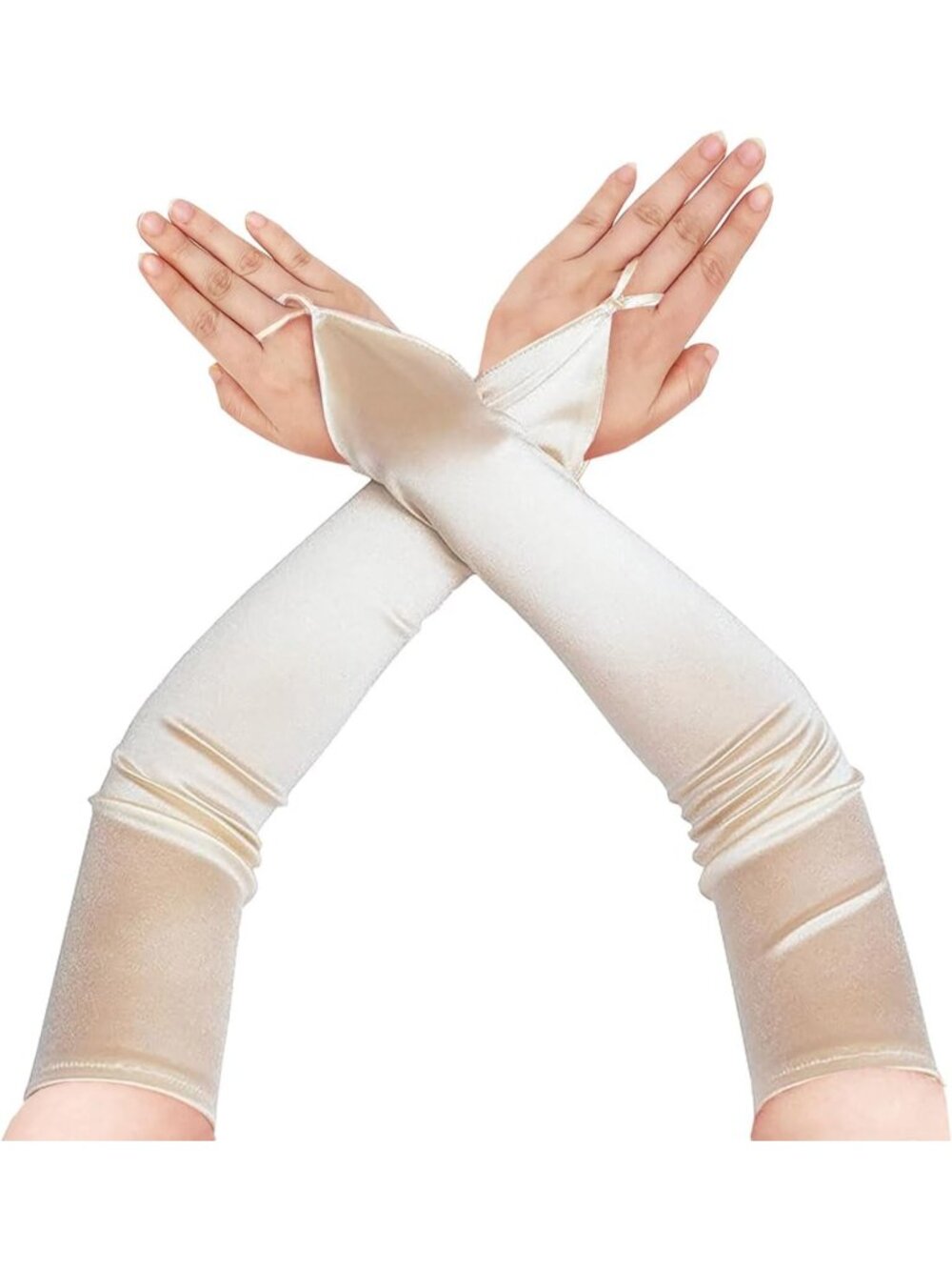 Women's Champagne 1920s Satin Stretchy Elbow Length Opera Fingerless Long Gloves